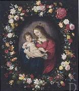 Madonna: i.e. Mary with the Christ-child in a garland of flowers.